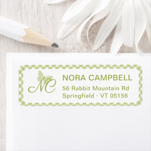 Butterfly Monogram Green Gingham Retouradres Etiket (Insitu)