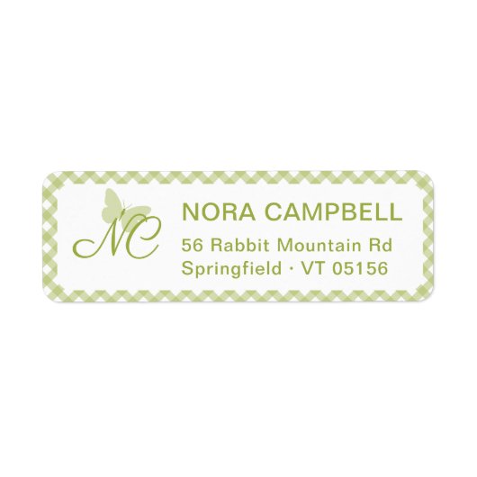 Butterfly Monogram Green Gingham Retouradres Etiket (Voorkant)