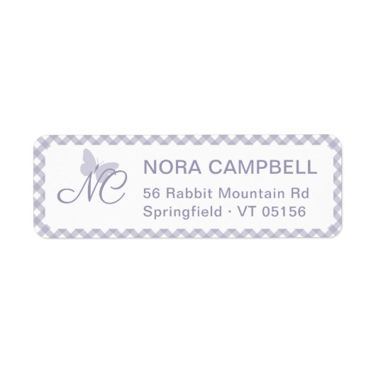 Butterfly Monogram Lavender Gingham Retouradres Etiket (Voorkant)