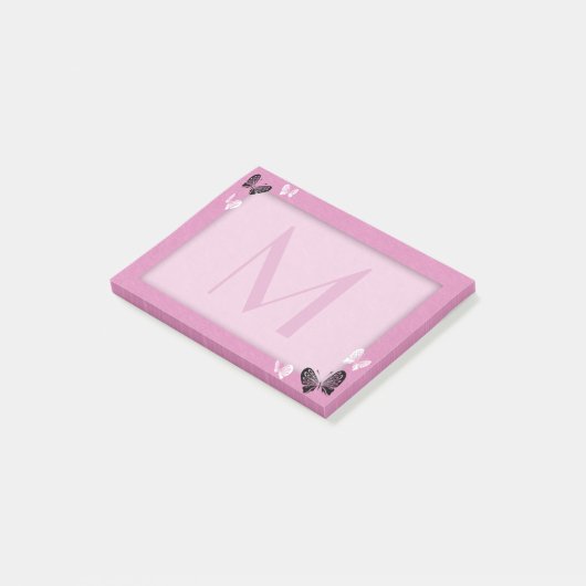 Butterfly Monogram op roze Post-it® Notes (Schuin)