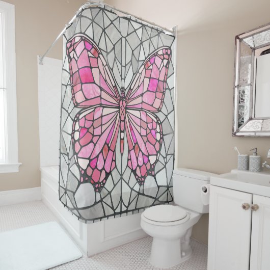 Butterfly Mosaic - Sprookje Roze en grijs Douchegordijn (In situ)