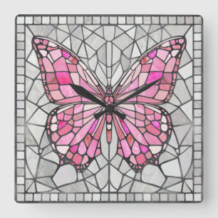 Butterfly Mosaic - Sprookje Roze en grijs Vierkante Klok