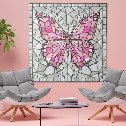Butterfly Mosaic - Sprookje Roze en grijs Wandkleed