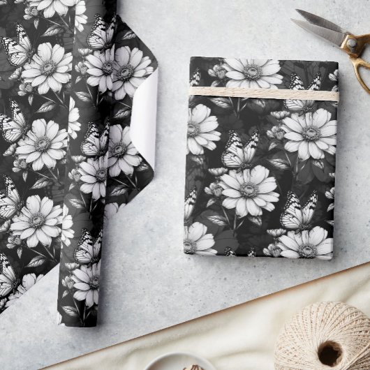 Butterfly on Flower Pattern Design - Zwart Cadeaupapier