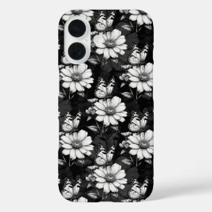Butterfly on Flower Pattern Design - Zwart iPhone 16 Hoesje