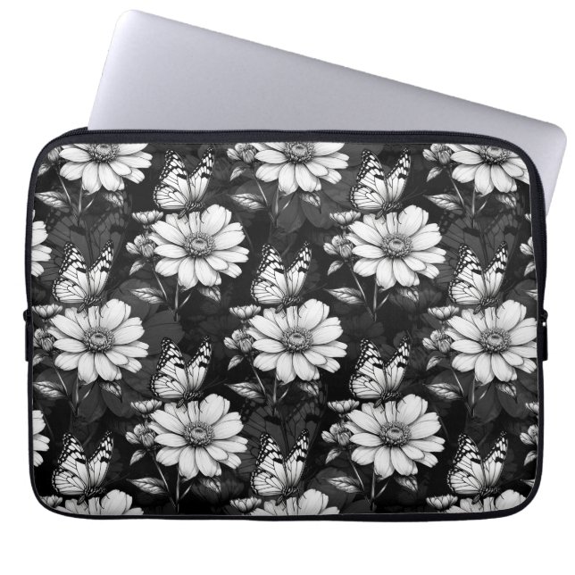 Butterfly on Flower Pattern Design - Zwart Laptop Sleeve (Voorkant)