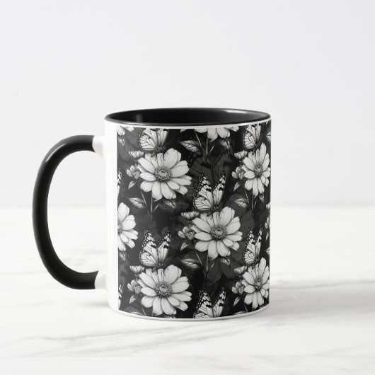 Butterfly on Flower Pattern Design - Zwart Mok (Links)