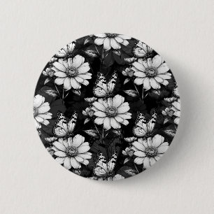 Butterfly on Flower Pattern Design - Zwart Ronde Button 5,7 Cm