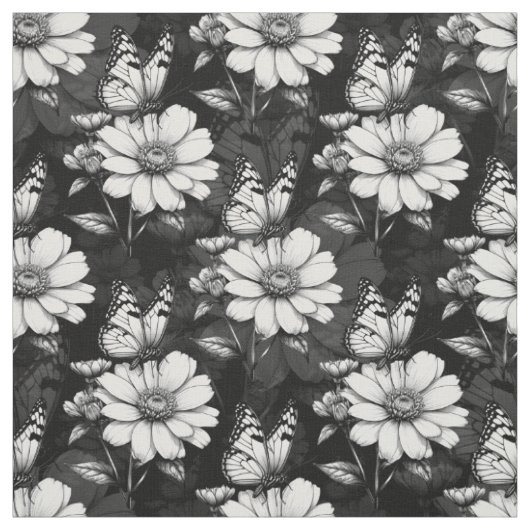 Butterfly on Flower Pattern Design - Zwart Stof (Swatch)
