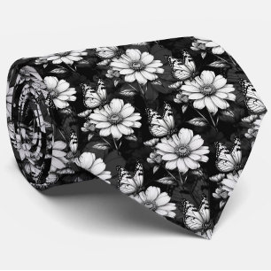 Butterfly on Flower Pattern Design - Zwart Stropdas