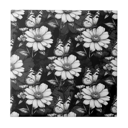 Butterfly on Flower Pattern Design - Zwart Tegeltje (Voorkant)
