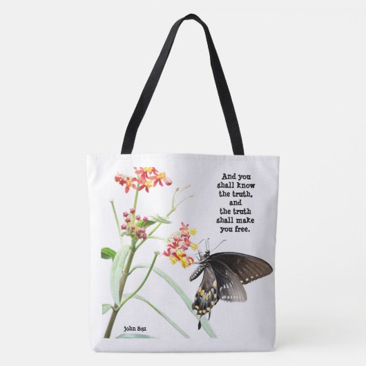 Butterfly on Milkweed, met Verse (John 8:32) Tote Bag (Voorkant)