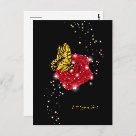 Butterfly on red Rose met sterren en regendruppels Briefkaart (Voorkant / Achterkant)