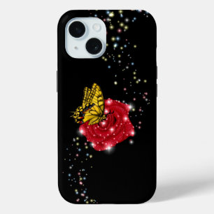Butterfly on red Rose met sterren en regendruppels iPhone 15 Case
