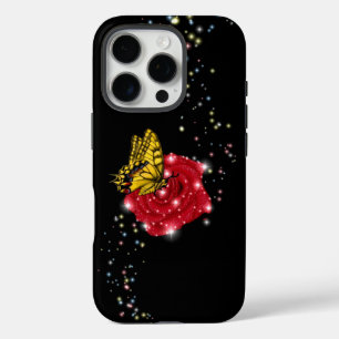 Butterfly on red Rose met sterren en regendruppels iPhone 16 Pro Hoesje