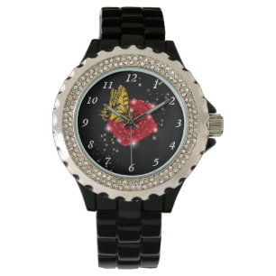 Butterfly on red Rose met sterren en regendruppels Horloge