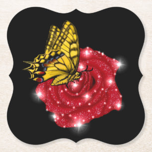 Butterfly on red Rose met sterren en regendruppels Kartonnen Onderzetters