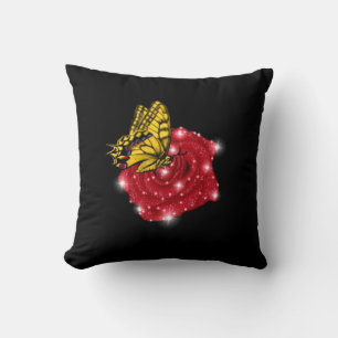 Butterfly on red Rose met sterren en regendruppels Kussen