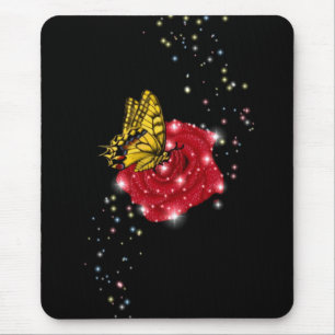 Butterfly on red Rose met sterren en regendruppels Muismat