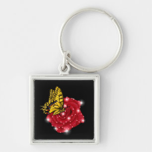 Butterfly on red Rose met sterren en regendruppels Sleutelhanger