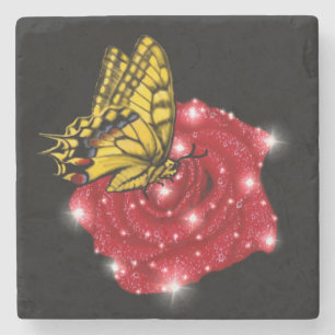 Butterfly on red Rose met sterren en regendruppels Stenen Onderzetter