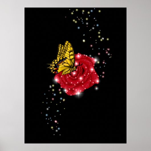 Butterfly on red Rose with Stars and Raindrops Poster (Voorkant)