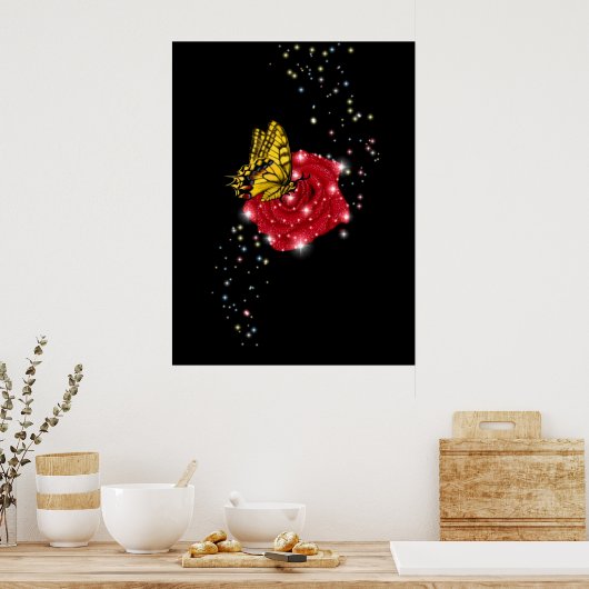 Butterfly on red Rose with Stars and Raindrops Poster (Keuken)