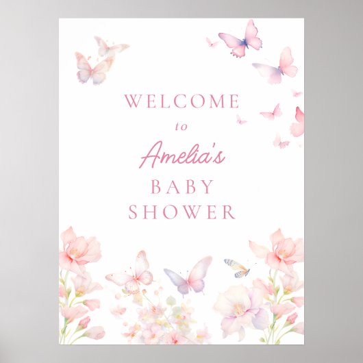 Butterfly on the Way Roze Baby shower Welkomstbord Poster (Voorkant)