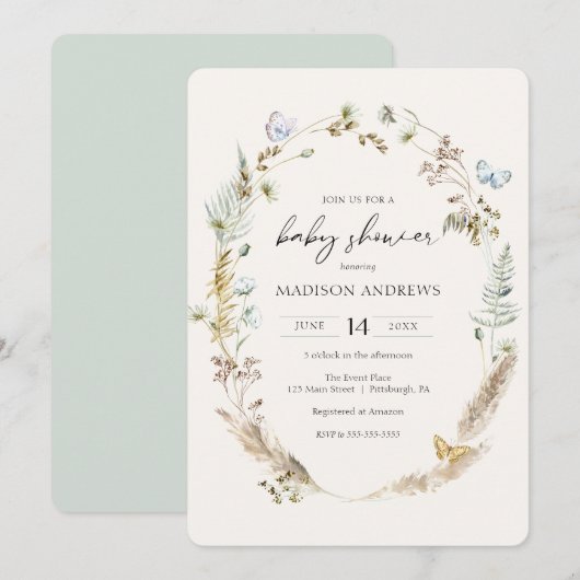 Butterfly on Way Boho Baby shower Invitation Kaart (Voorkant / Achterkant)