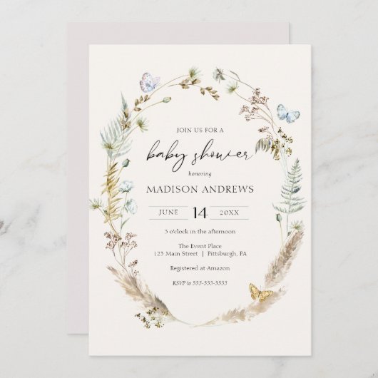 Butterfly on Way Boho Baby shower Invitation Kaart (Voorkant / Achterkant)