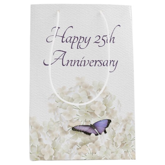 Butterfly on White Hydrangea 25th Jubileum Medium Cadeauzakje (Voorkant)