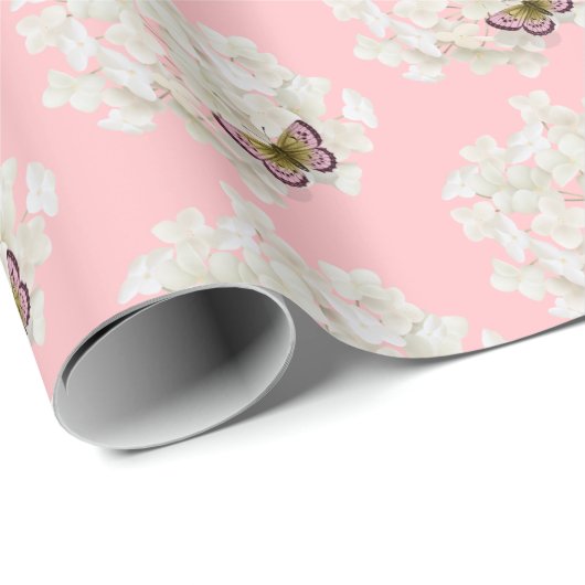 Butterfly on White Hydrangea Cadeaupapier (Rol Hoek)