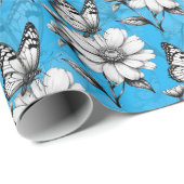 Butterfly op bloem patroon blauw ontwerp cadeaupapier (Rol Hoek)