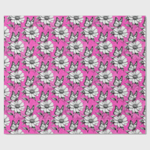Butterfly op bloem patroon roze ontwerp cadeaupapier