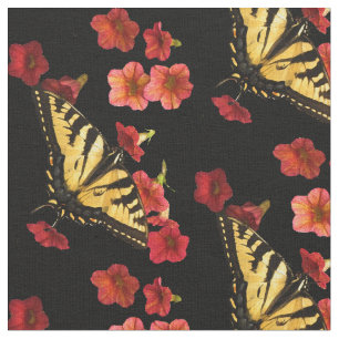 Butterfly op Red Flowers Fabric Stof