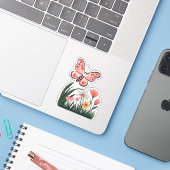 Butterfly Over Flowers Sticker (Laptop met iPhone)