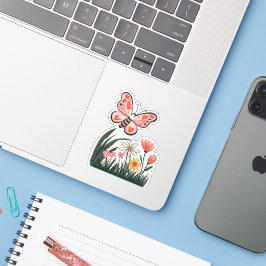 Butterfly Over Flowers Sticker