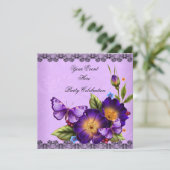 Butterfly Paars Black Lace Flower Damask Party Kaart (Staand voorkant)