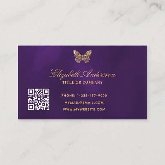 Butterfly paars goud QR code elegant script Visitekaartje (Achterkant)