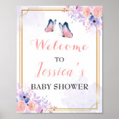Butterfly Paars Pink Girl Baby shower Welkom Poster (Voorkant)