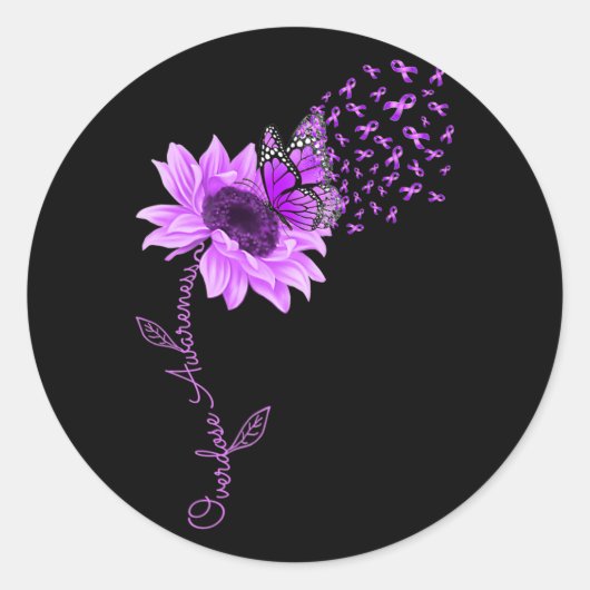 Butterfly Paars Ribbon Sunflower Overdose Awarene Ronde Sticker (Voorkant)