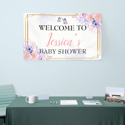 Butterfly Paars roze Baby shower Achtergrond Spandoek (Beurs)