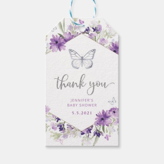 Butterfly paars Silver baby shower bedankt Cadeaulabel (Voorkant)