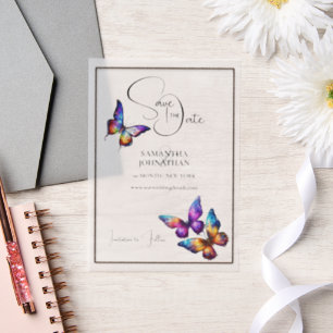 Butterfly paarse blauw sinaasappel save the date vellum uitnodigingen