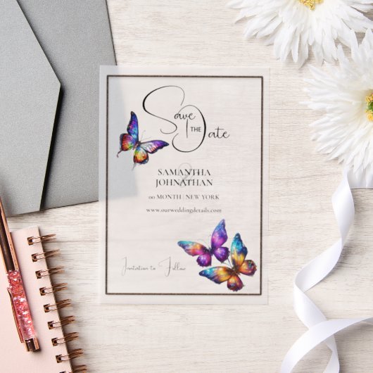 Butterfly paarse blauw sinaasappel save the date vellum uitnodigingen (Huwelijk)