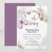 Butterfly Paarse Bloemen Roze Baby shower Invitat Kaart (Voorkant / Achterkant)