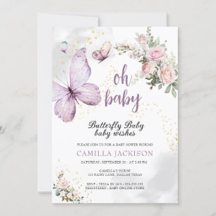 Butterfly Paarse Bloemen Roze Baby shower Invitat Kaart