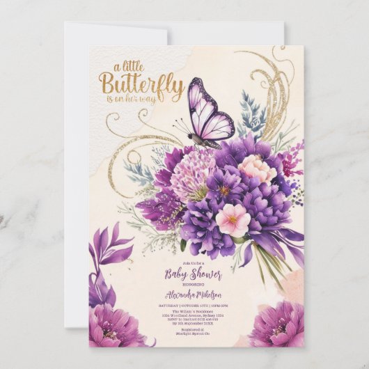 Butterfly Paarse Bloemen Roze Meisje Baby shower Kaart (Voorkant)