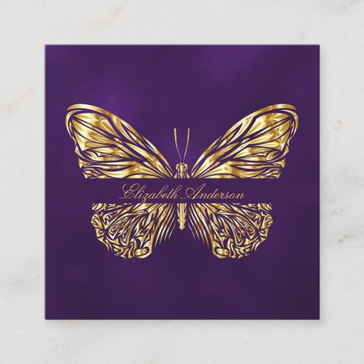 Butterfly paarse gouden QR code script foto Vierkante Visitekaartje (Voorkant)