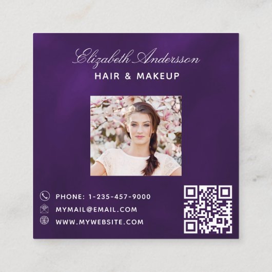 Butterfly paarse gouden QR code script foto Vierkante Visitekaartje (Achterkant)